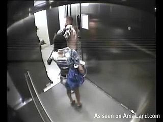 Gorąca brunetka spuszcza się ze swoim chłopakiem w windzie